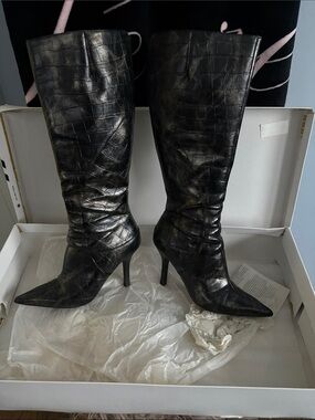 Nine West Black Croc-Embossed Pointed-Toe Knee Boots